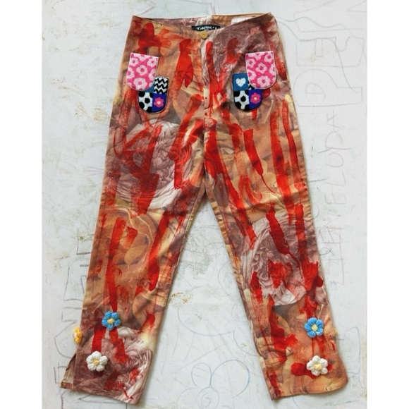 Tark 1 Red and Tan Capris with Artistic Floral Design - Picture 1 of 9